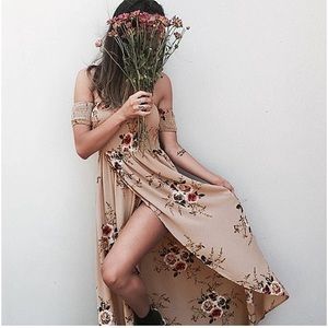 Tan Floral off the Shoulder Dress